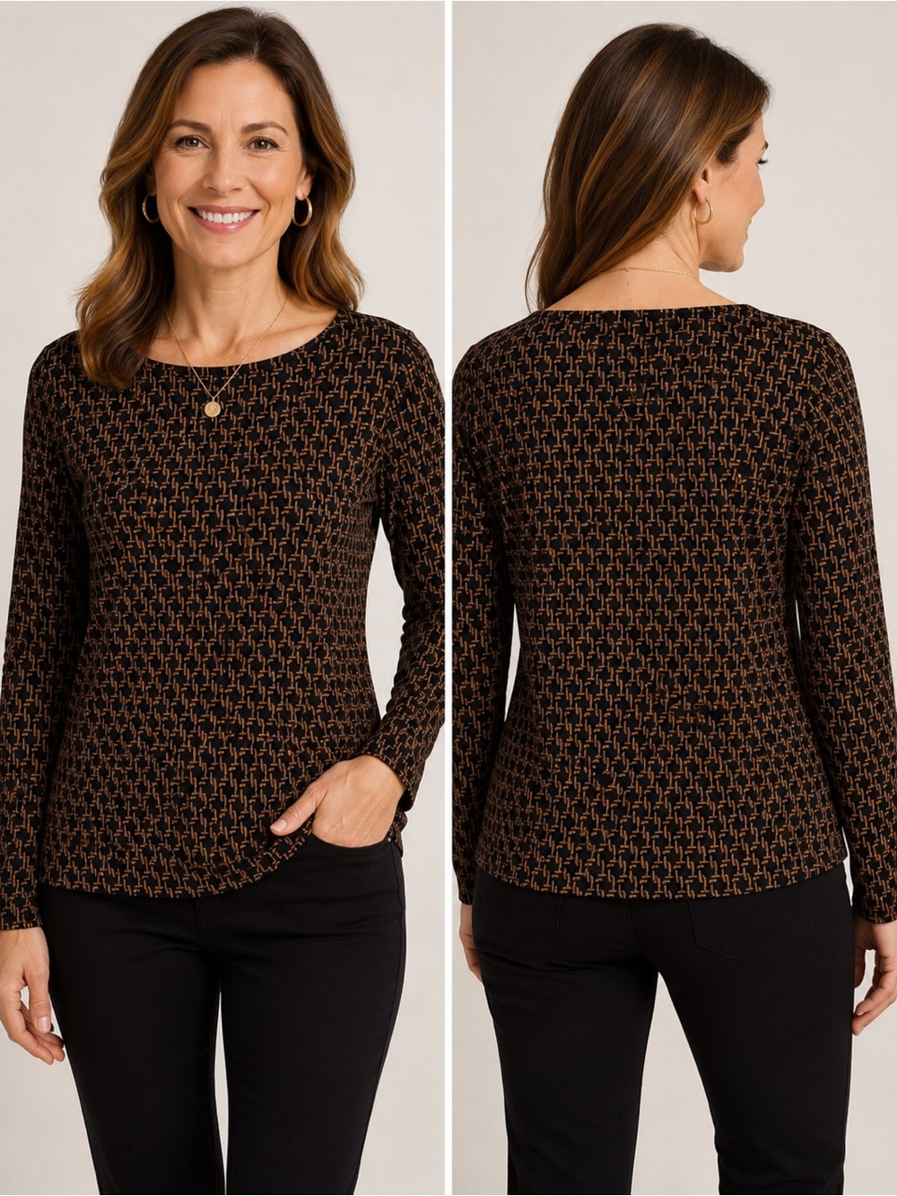 Chico's Black and Tan Geometric Long Sleeve Top Chico size 0 (US size 8) - Picture 2 of 6